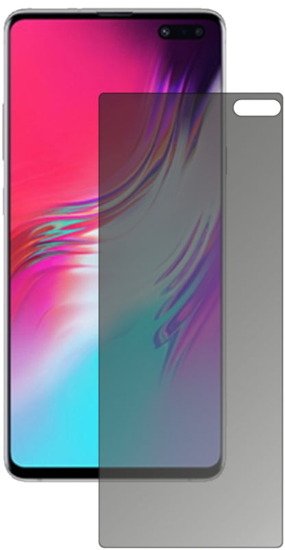 SamsungGalaxy S10 5G mit aufgebrachtem dipos Displayschutz, der seitliche Einblicke blockiert