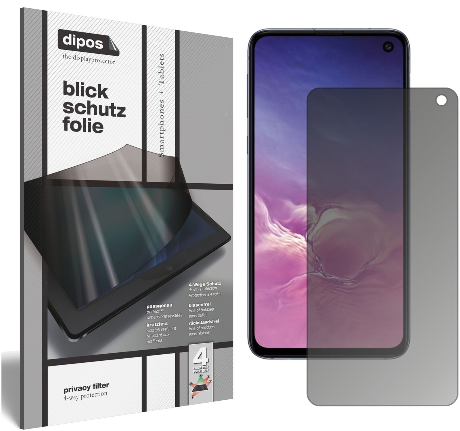 SamsungGalaxy S10e mit aufgebrachtem dipos Displayschutz, der seitliche Einblicke blockiert