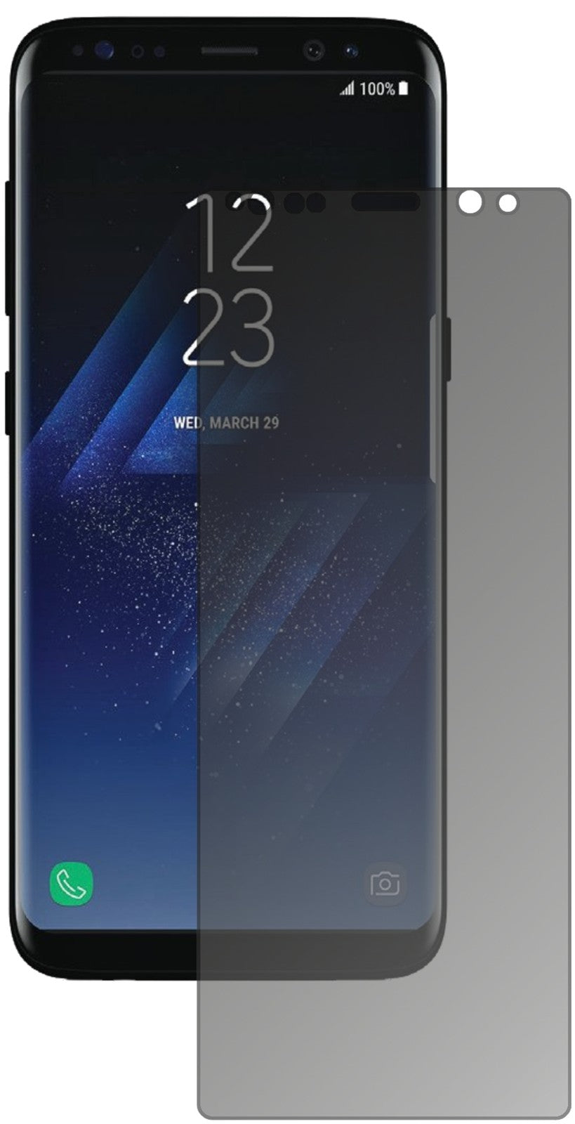SamsungGalaxy S8 mit aufgebrachtem dipos Displayschutz, der seitliche Einblicke blockiert