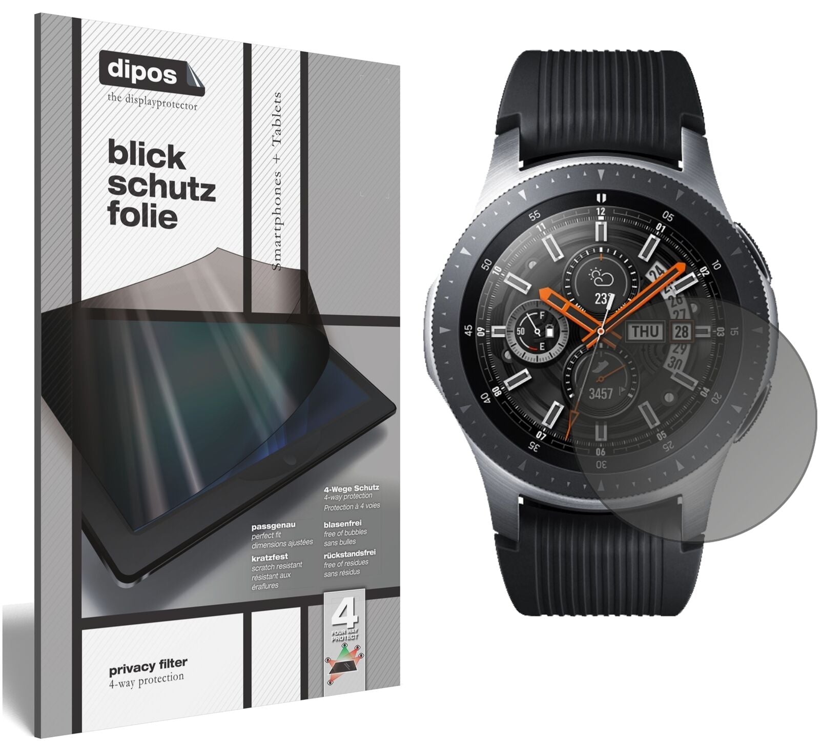 SamsungGalaxy Watch 46mm mit aufgebrachtem dipos Displayschutz, der seitliche Einblicke blockiert