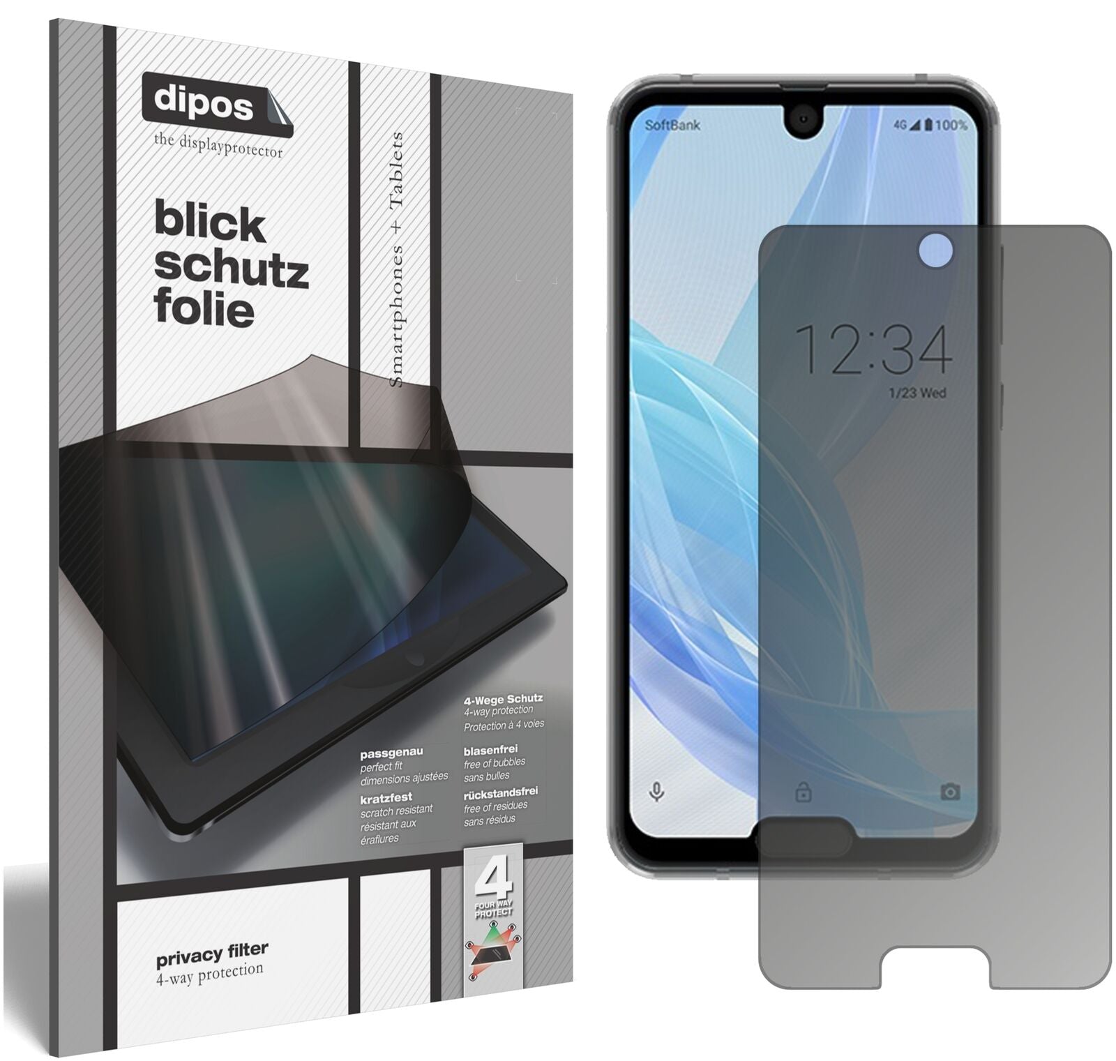 SharpAquos R2 Compact mit aufgebrachtem dipos Displayschutz, der seitliche Einblicke blockiert