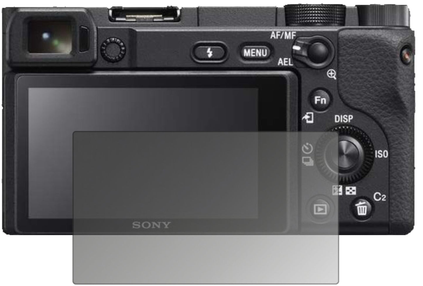 SonyAlpha 6400 mit aufgebrachtem dipos Displayschutz, der seitliche Einblicke blockiert