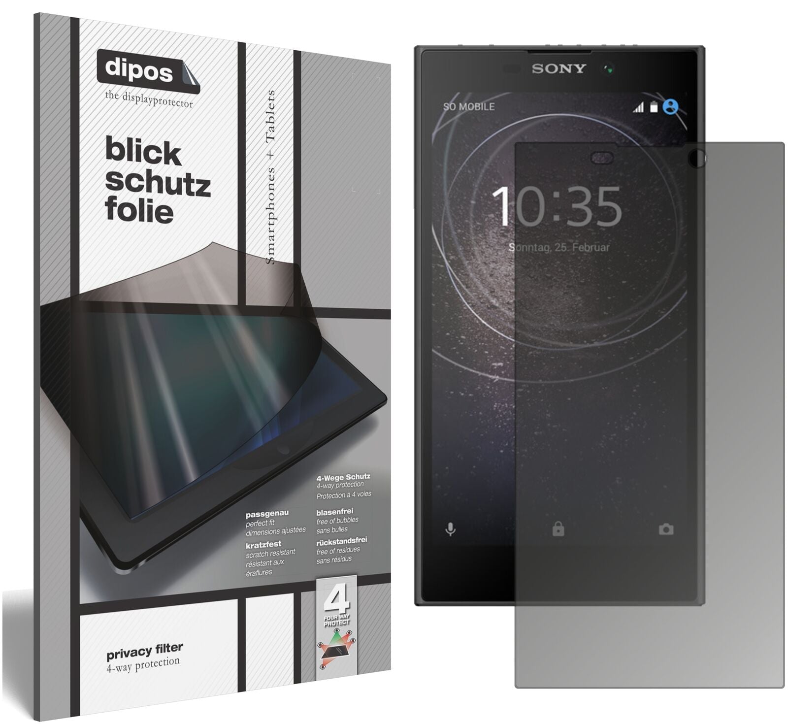 SonyXperia L2 mit aufgebrachtem dipos Displayschutz, der seitliche Einblicke blockiert