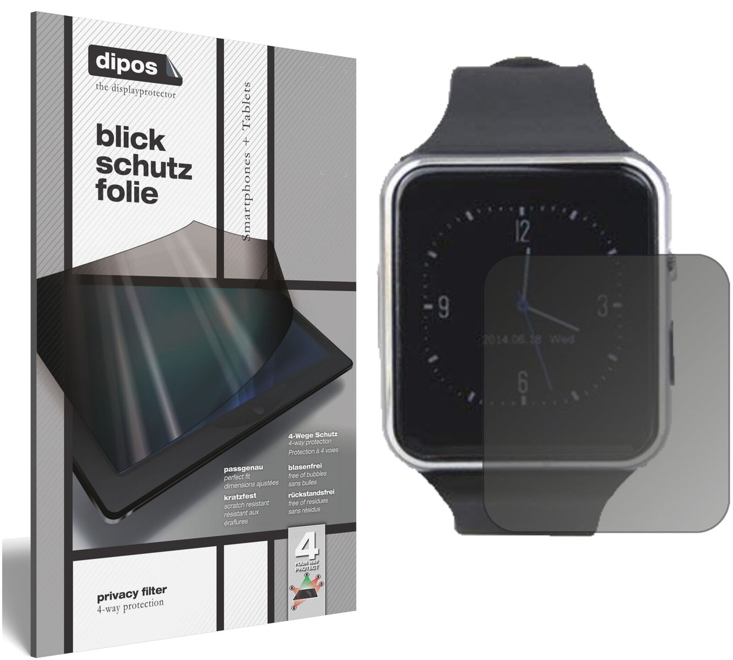 TagobeeTB01 Smartwatch mit aufgebrachtem dipos Displayschutz, der seitliche Einblicke blockiert