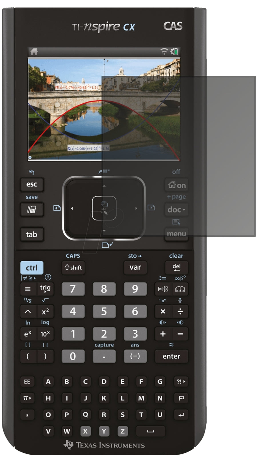 TexasInstruments TI Nspire CX CAS Taschenrechner mit aufgebrachtem dipos Displayschutz, der seitliche Einblicke blockiert