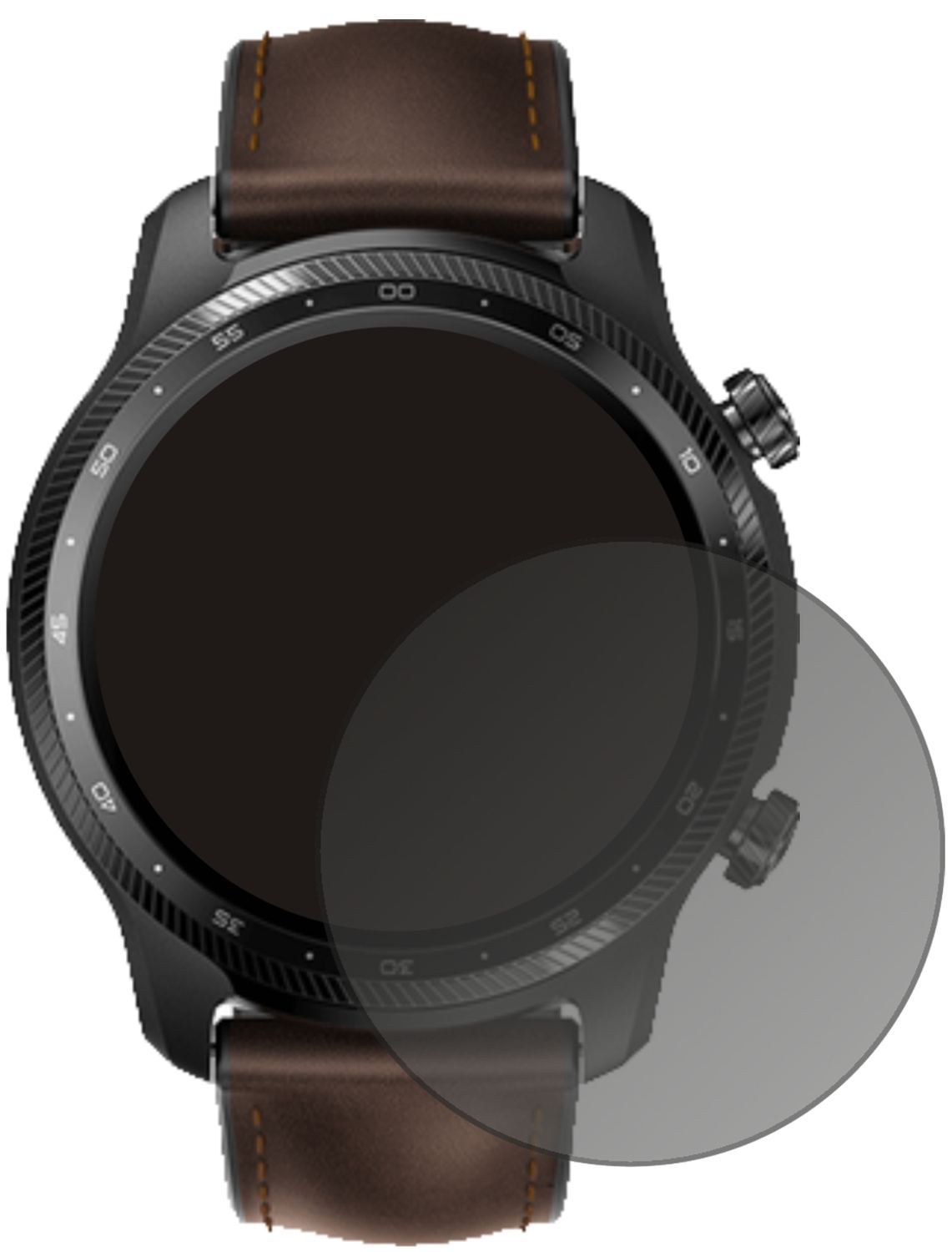 TicWatchPro X mit aufgebrachtem dipos Displayschutz, der seitliche Einblicke blockiert