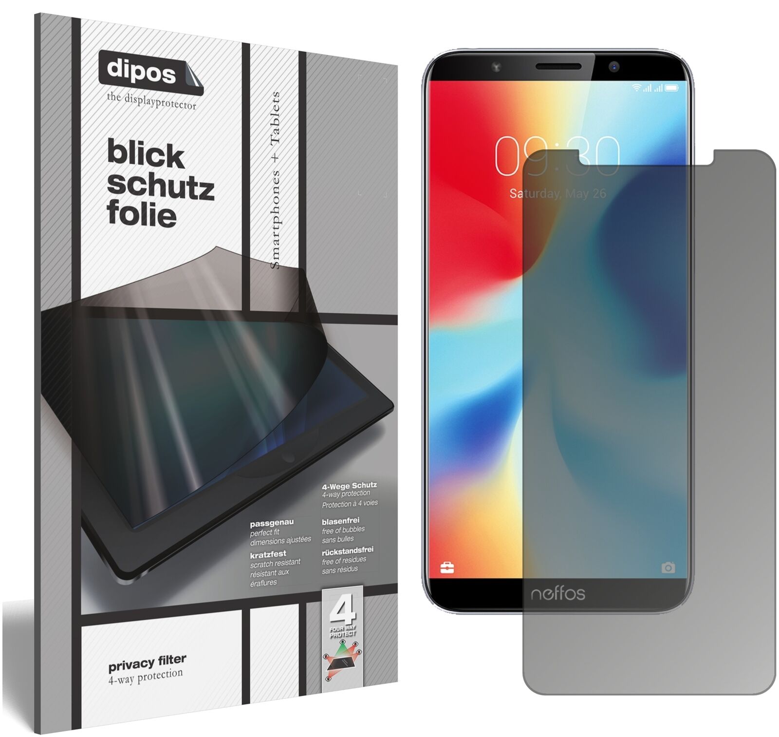 TP-LinkNeffos C9A mit aufgebrachtem dipos Displayschutz, der seitliche Einblicke blockiert