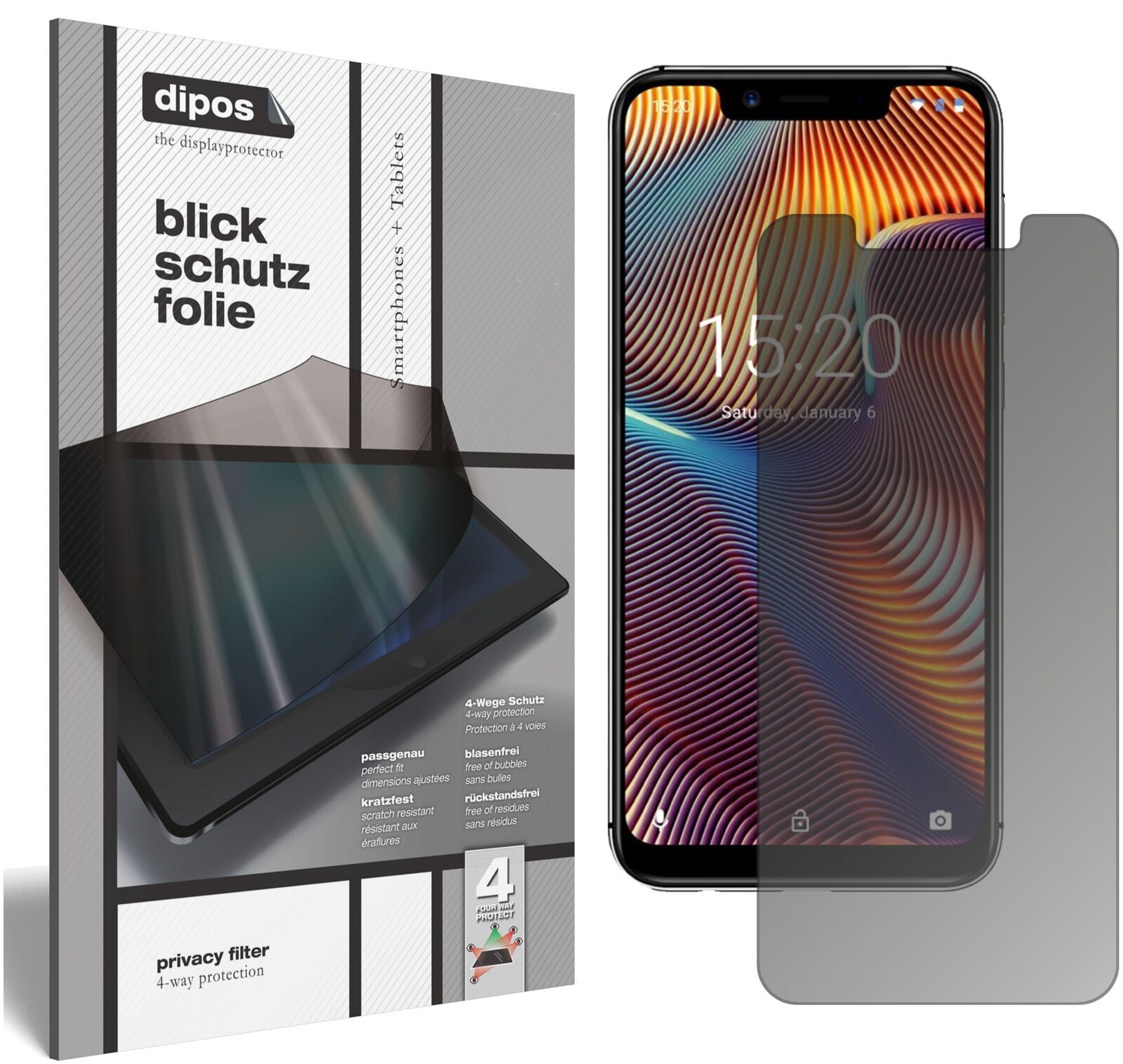 UmidigiA3 Pro (2018) mit aufgebrachtem dipos Displayschutz, der seitliche Einblicke blockiert