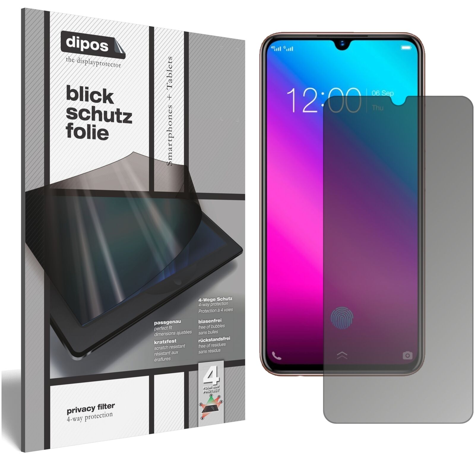 VivoV11 Plus mit aufgebrachtem dipos Displayschutz, der seitliche Einblicke blockiert