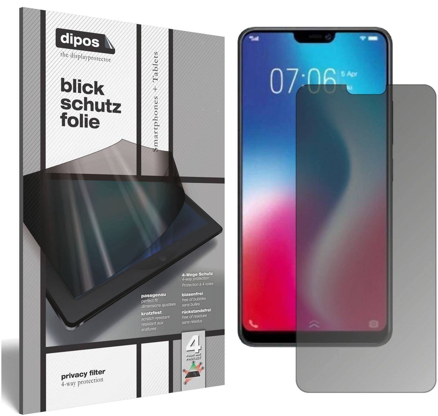 VivoY85 mit aufgebrachtem dipos Displayschutz, der seitliche Einblicke blockiert