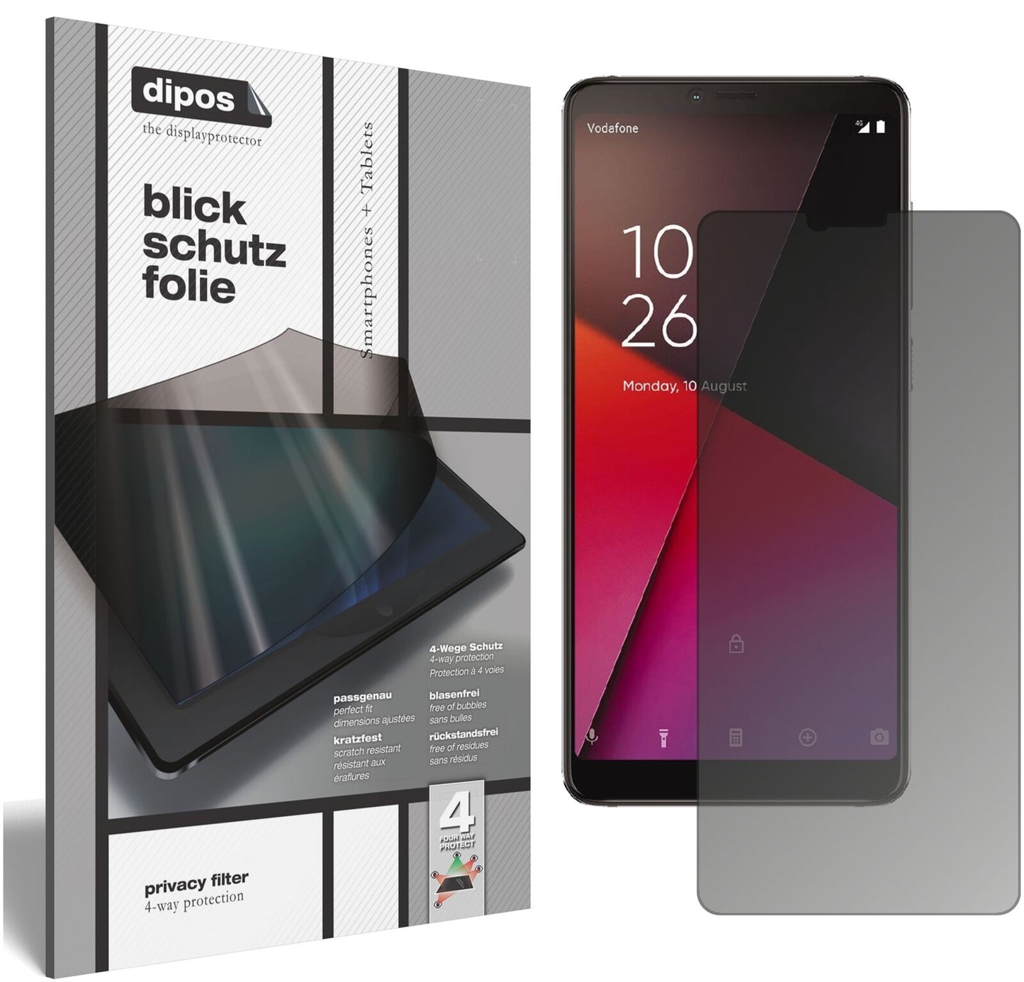 VodafoneSmart X9 mit aufgebrachtem dipos Displayschutz, der seitliche Einblicke blockiert