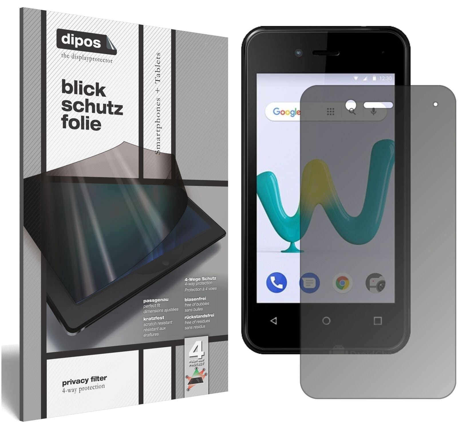 WikoSunny 3 Mini mit aufgebrachtem dipos Displayschutz, der seitliche Einblicke blockiert