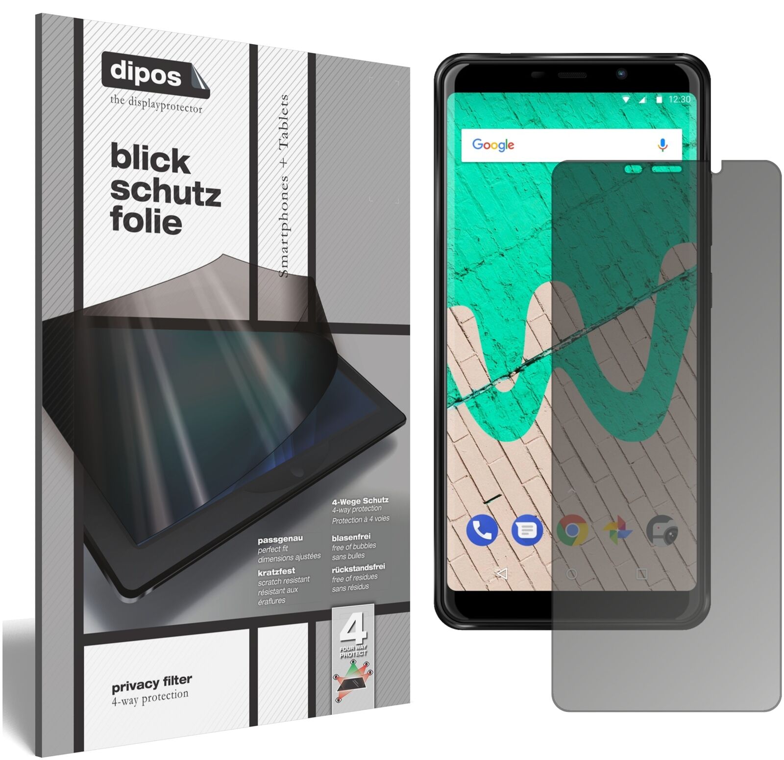 WikoView Max mit aufgebrachtem dipos Displayschutz, der seitliche Einblicke blockiert