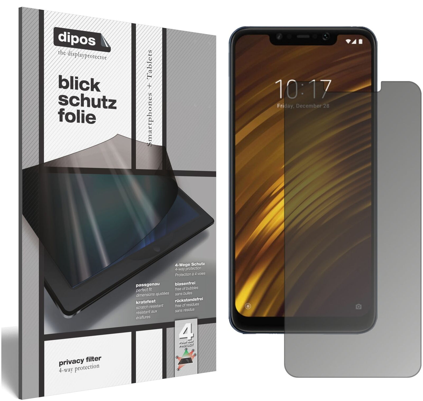 XiaomiPocophone F1 mit aufgebrachtem dipos Displayschutz, der seitliche Einblicke blockiert
