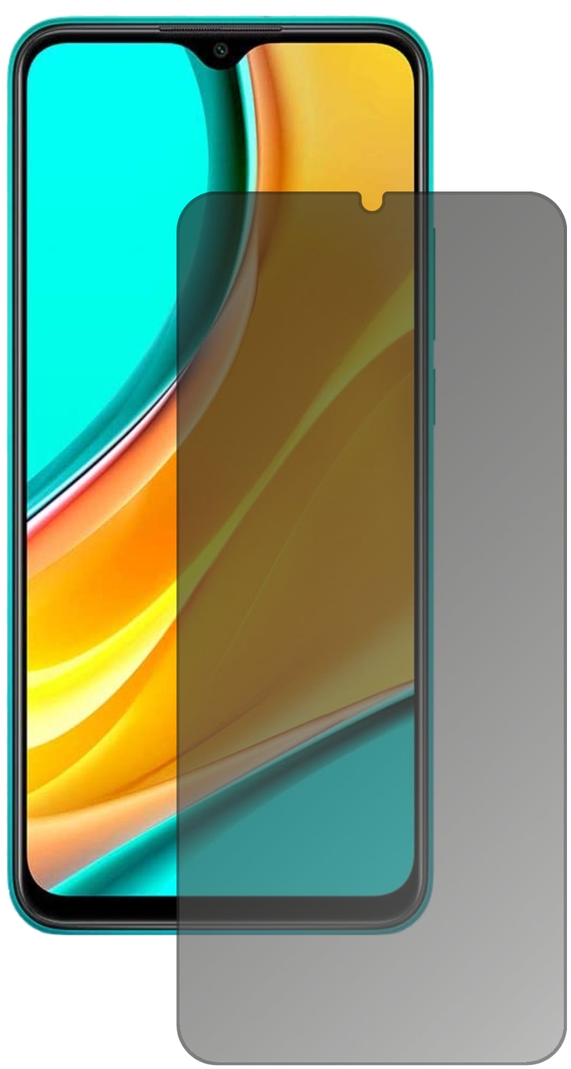 XiaomiRedmi 9 mit aufgebrachtem dipos Displayschutz, der seitliche Einblicke blockiert