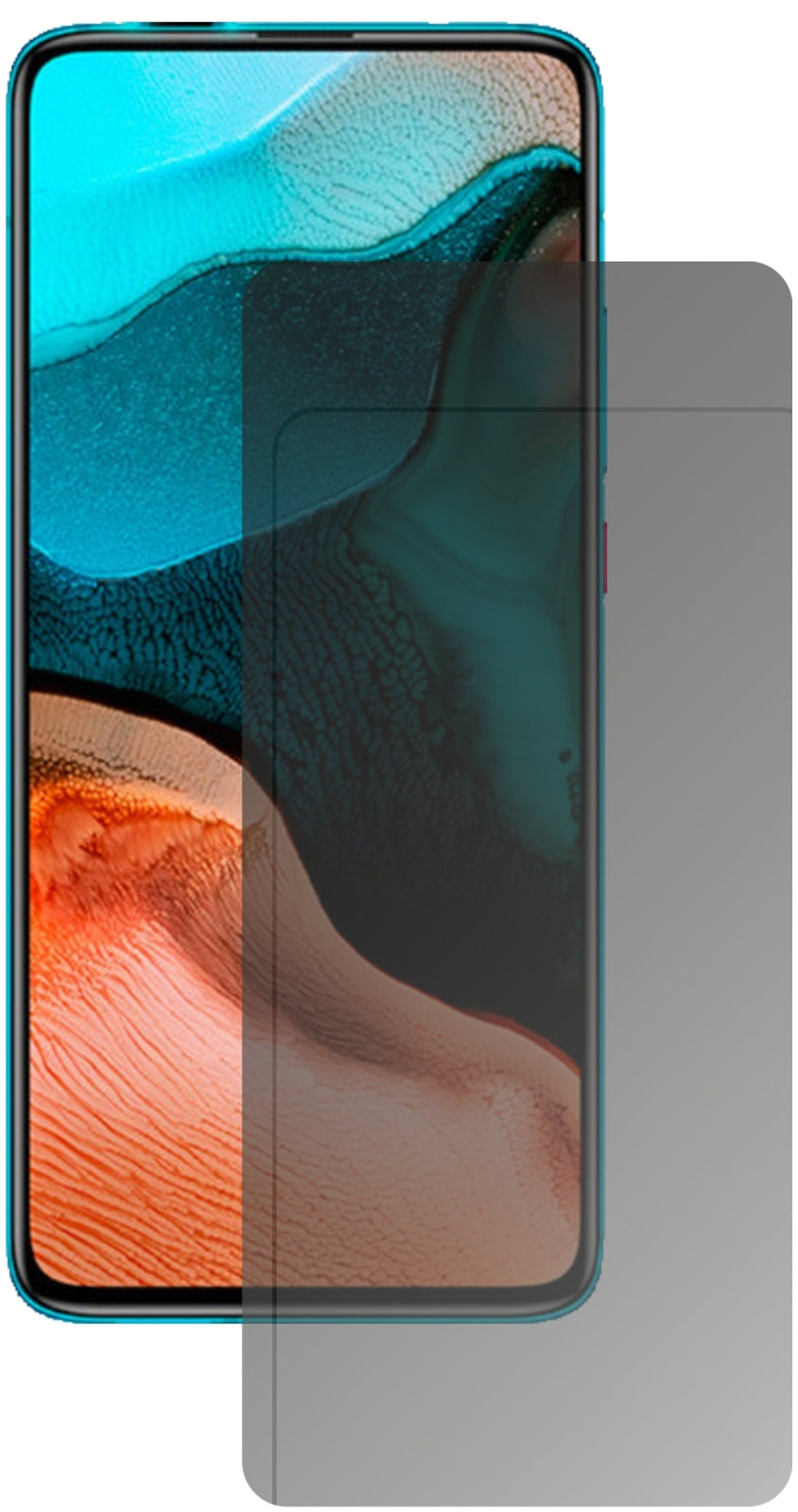 XiaomiRedmi K30 Pro Zoom mit aufgebrachtem dipos Displayschutz, der seitliche Einblicke blockiert