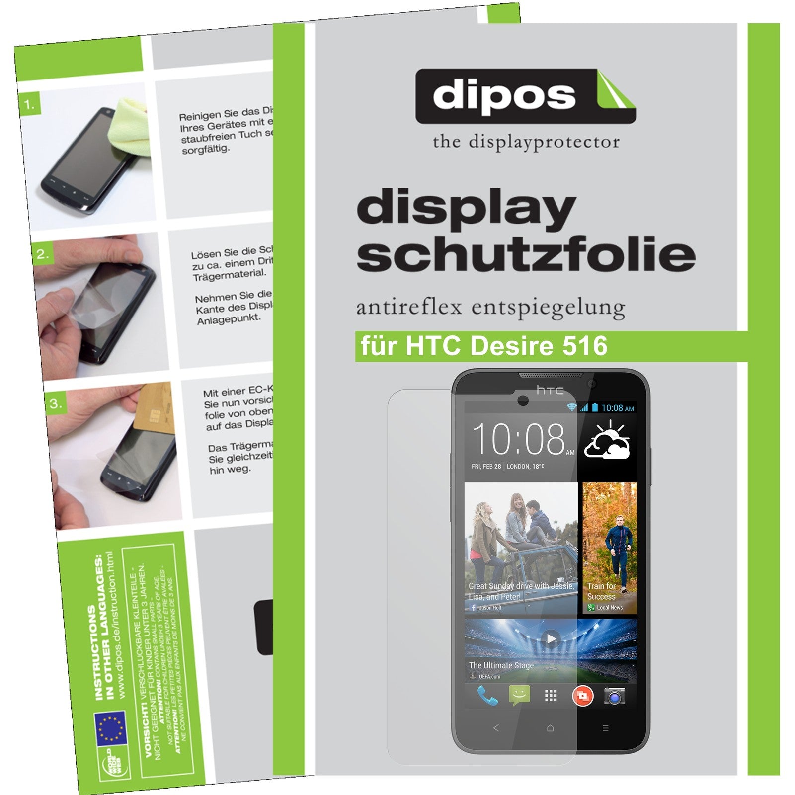 Matte Displayschutzfolie von dipos passend für Desire 516 HTC, präziser Zuschnitt und blasenfrei montiert
