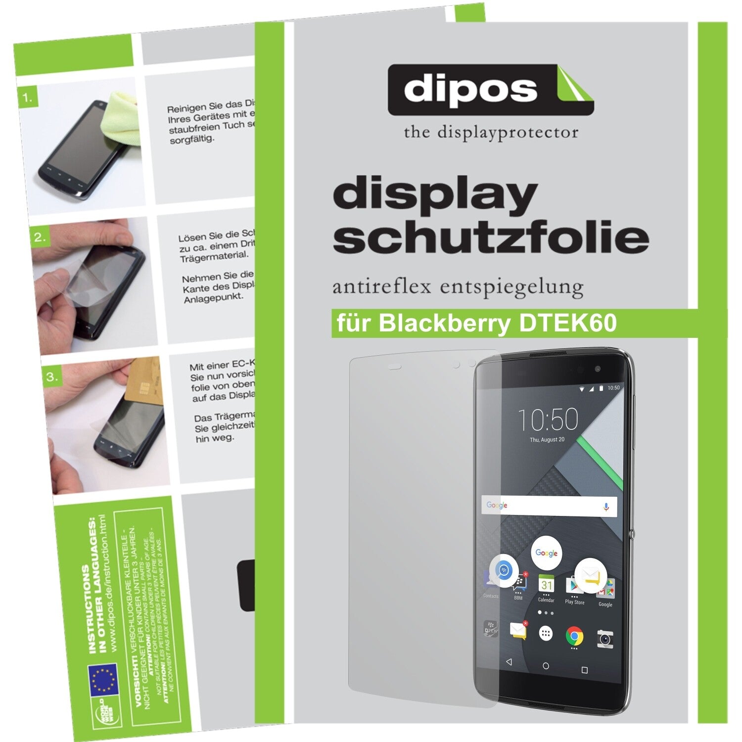 Matte Displayschutzfolie von dipos passend für Blackberry DTEK60, präziser Zuschnitt und blasenfrei montiert