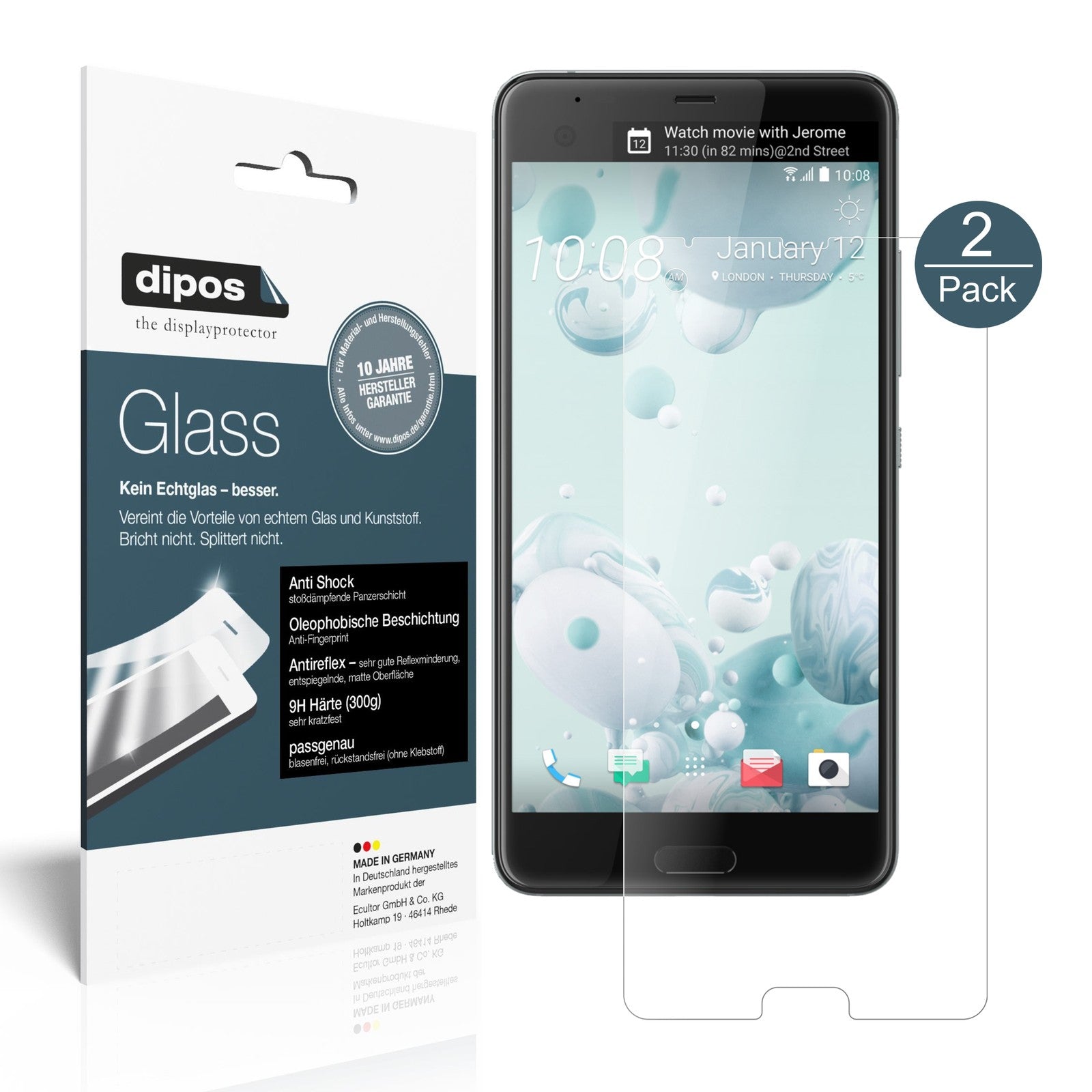 Matte Displayschutzfolie von dipos passend für HTC U Ultra, 9H kratzfest und blasenfrei montiert