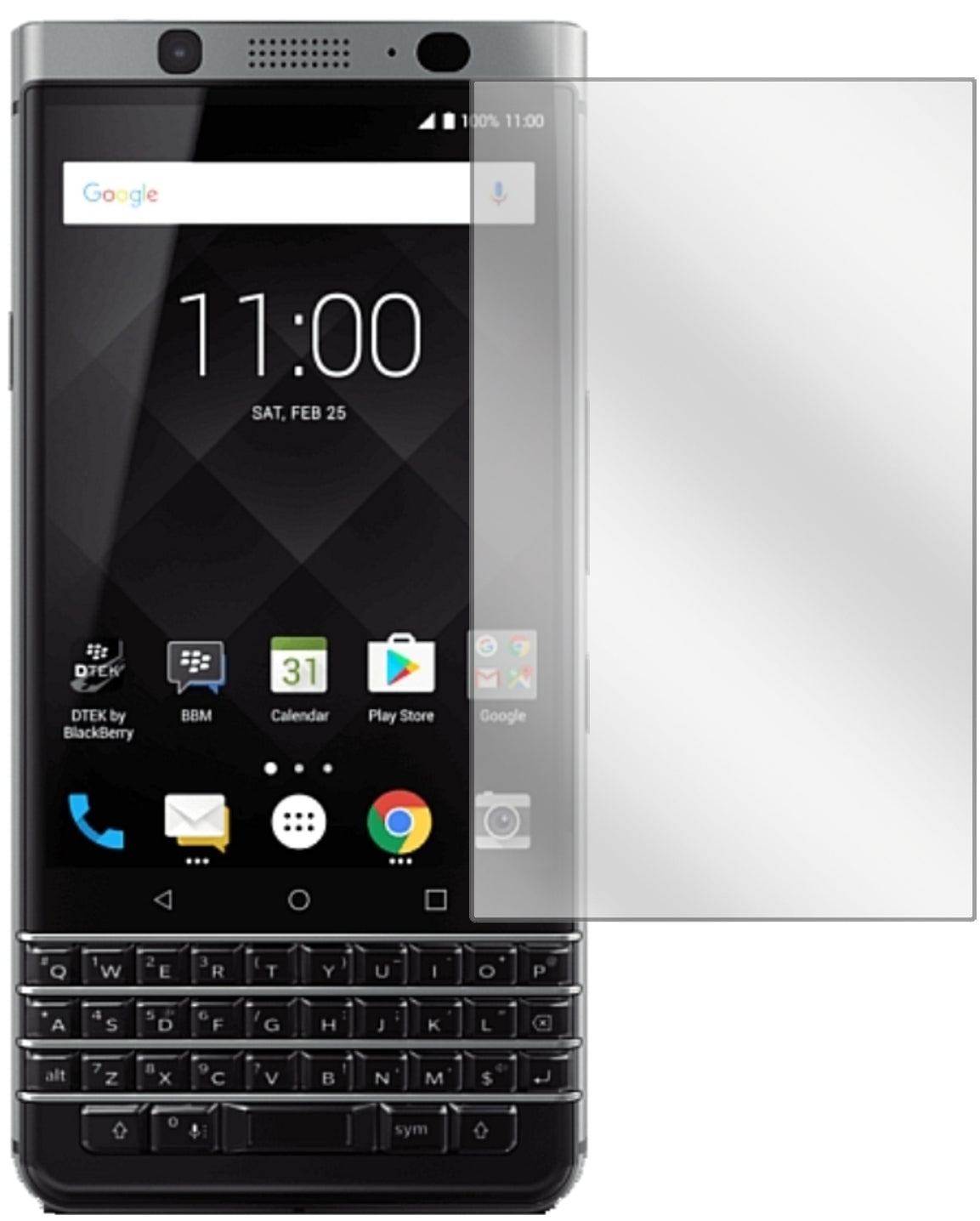 BlackberryKeyOne mit aufgebrachter dipos Displayschutzfolie, glasklare Darstellung ohne Einschränkungen