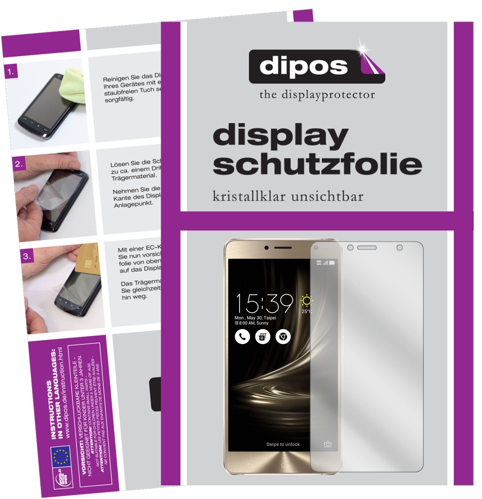 Klare Displayschutzfolie von dipos passend für Asus Zenfone 3 Deluxe ZS550KL 5,5 Zoll, präziser Zuschnitt und blasenfrei montiert