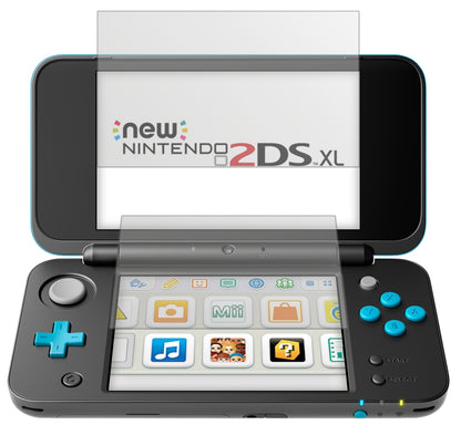 Nintendo2DS XL mit aufgebrachter dipos Displayschutzfolie, die lästige Fingerabdrücke minimiert