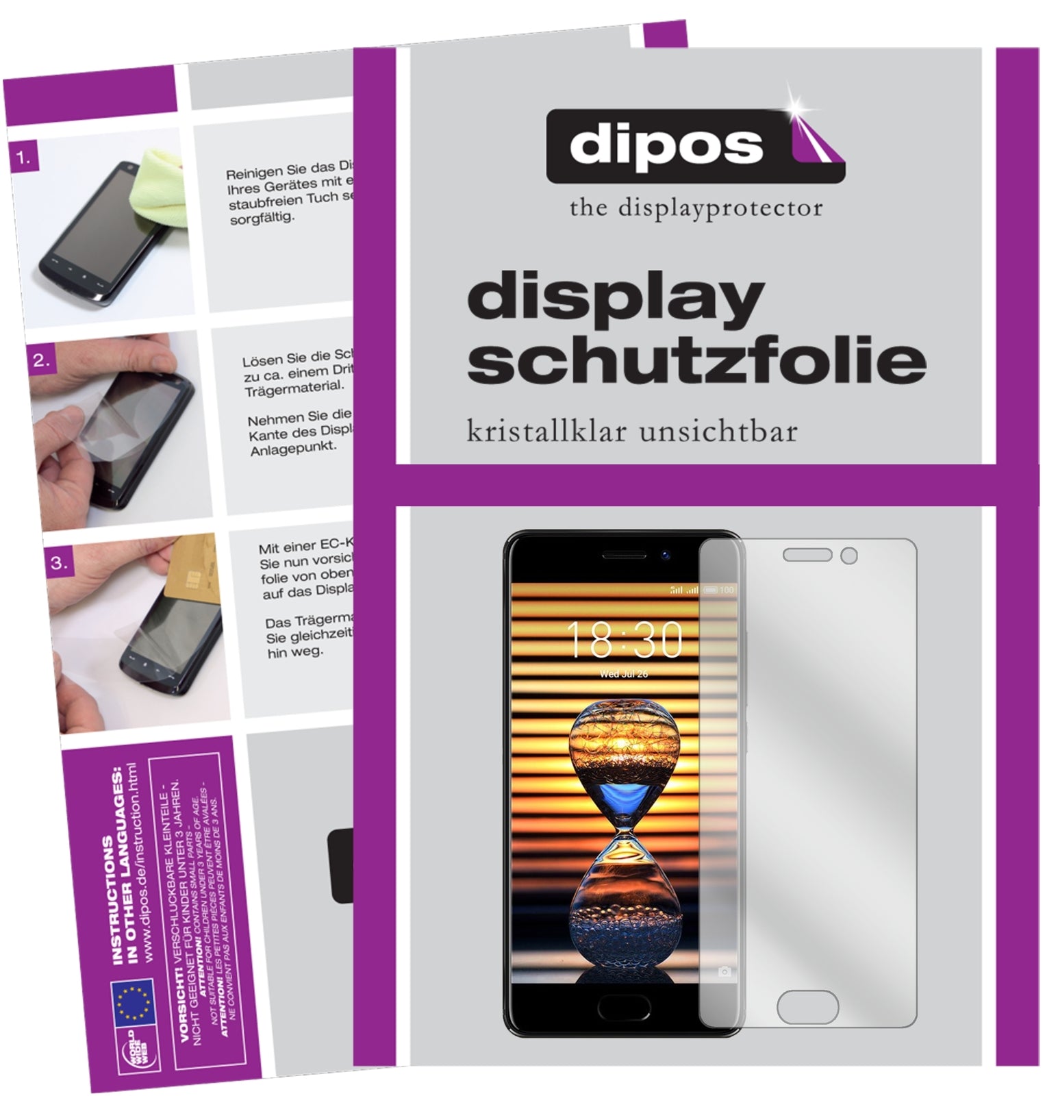 Klare Displayschutzfolie von dipos passend für Meizu Pro 7 Plus, präziser Zuschnitt und blasenfrei montiert