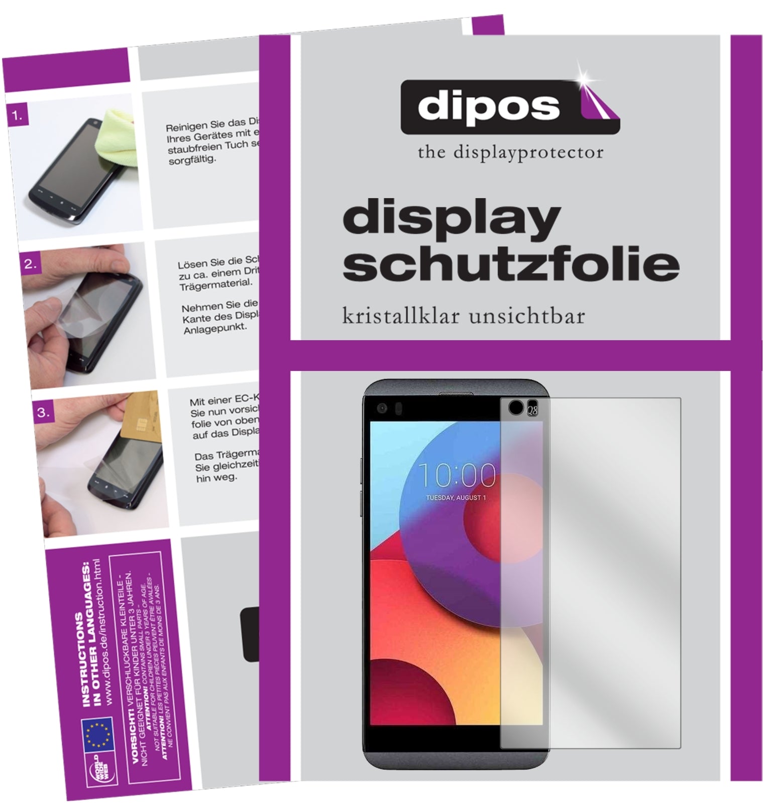 Klare Displayschutzfolie von dipos passend für LG Q8, präziser Zuschnitt und blasenfrei montiert