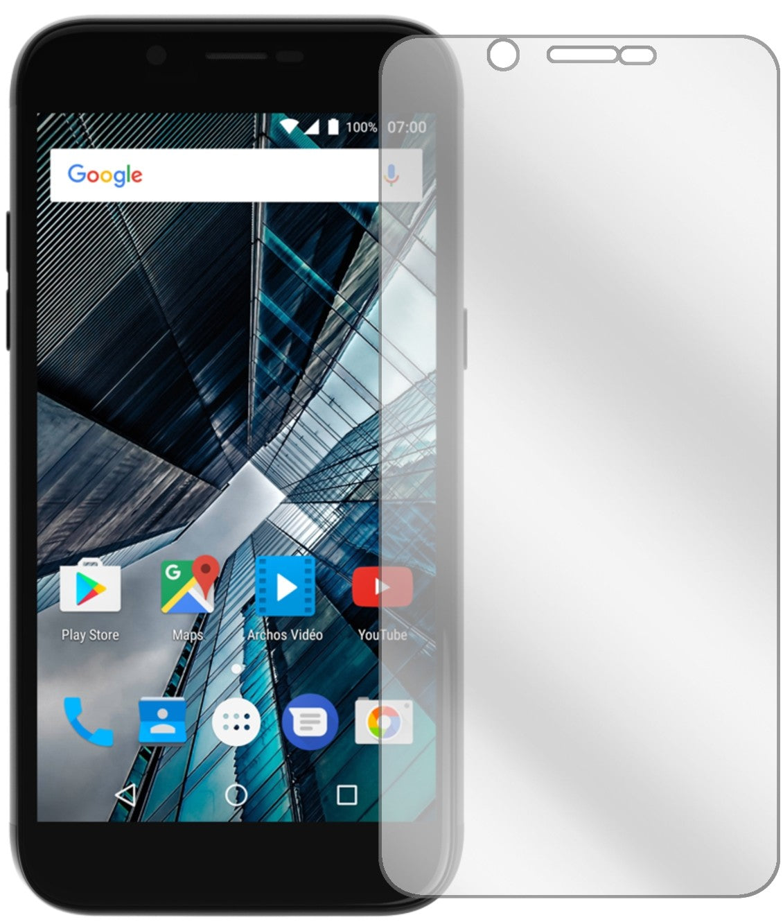 Archos50 Graphite mit aufgebrachter dipos Displayschutzfolie, glasklare Darstellung ohne Einschränkungen
