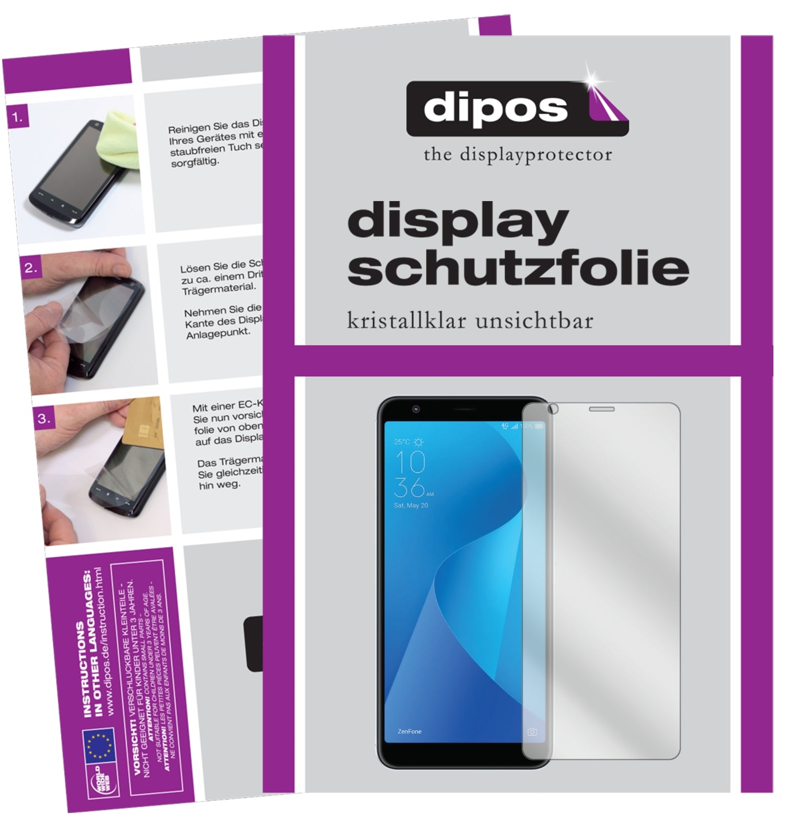 Klare Displayschutzfolie von dipos passend für Asus ZenFone Max Plus M1 (ZB570TL), präziser Zuschnitt und blasenfrei montiert