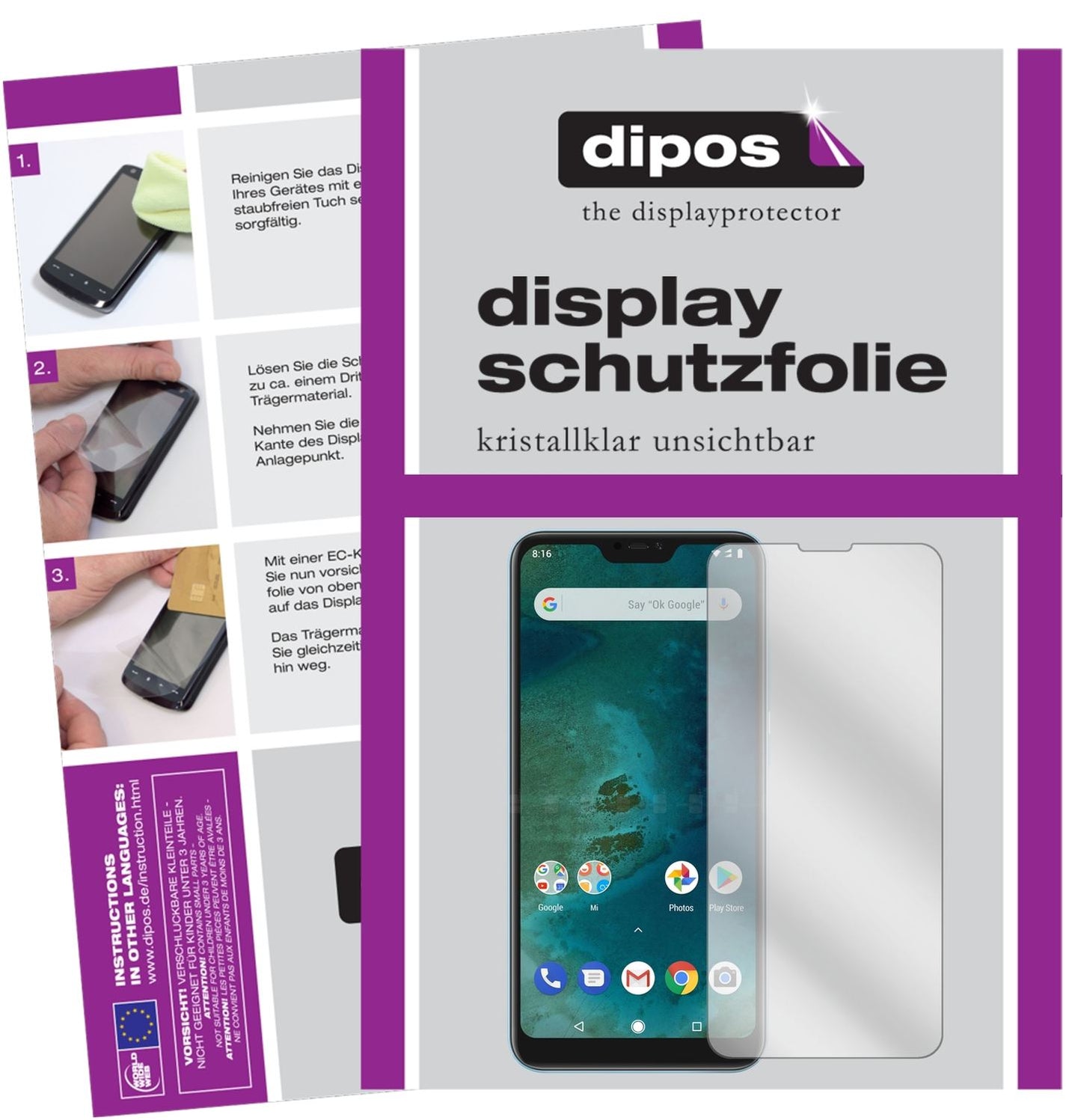 Klare Displayschutzfolie von dipos passend für Xiaomi Mi A2 Lite, präziser Zuschnitt und blasenfrei montiert