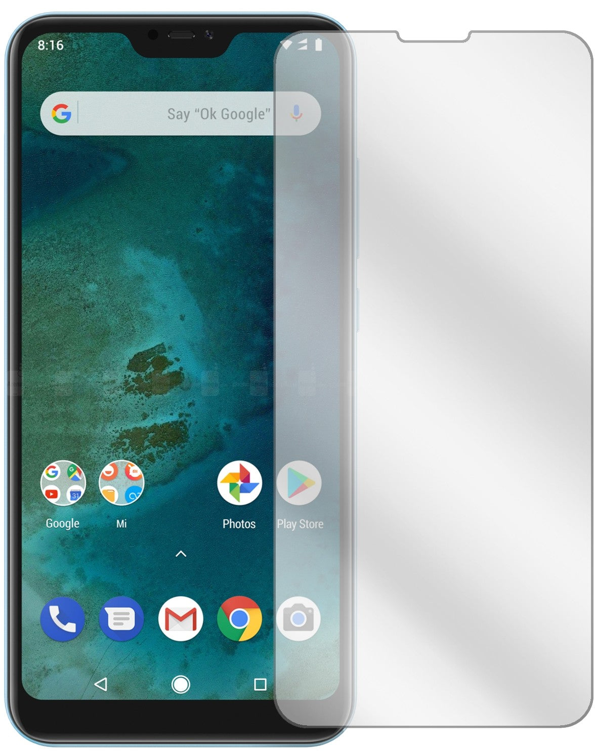 XiaomiMi A2 Lite mit aufgebrachter dipos Displayschutzfolie, glasklare Darstellung ohne Einschränkungen