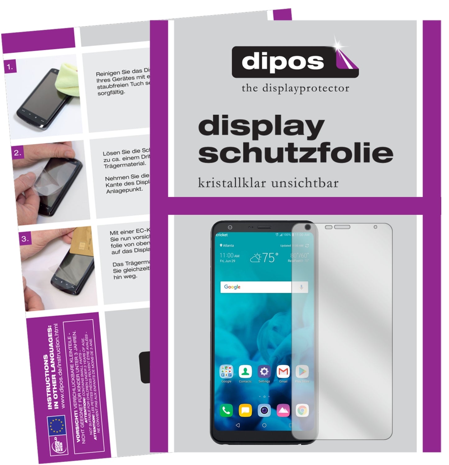 Klare Displayschutzfolie von dipos passend für LG Stylo 4, präziser Zuschnitt und blasenfrei montiert