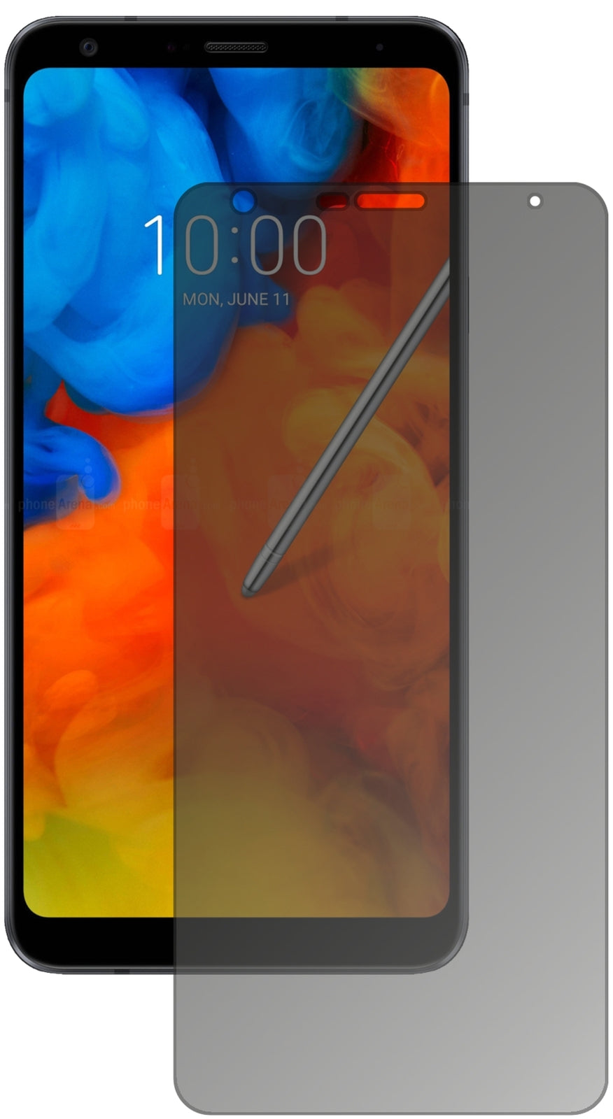 LGQ Stylus mit aufgebrachtem dipos Displayschutz, der seitliche Einblicke blockiert