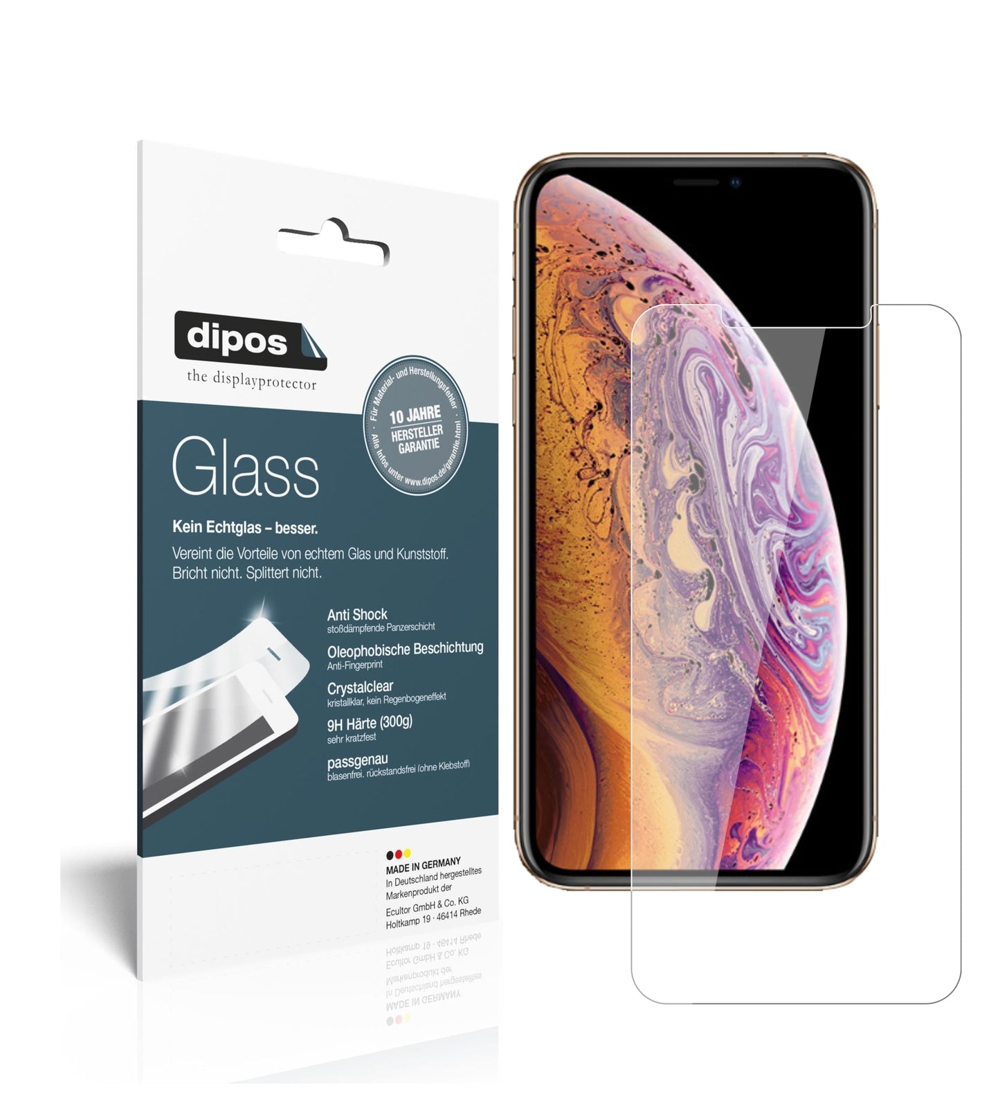 Klare Displayschutzfolie von dipos passend für Apple iPhone XS Max, 9H kratzfest und blasenfrei montiert