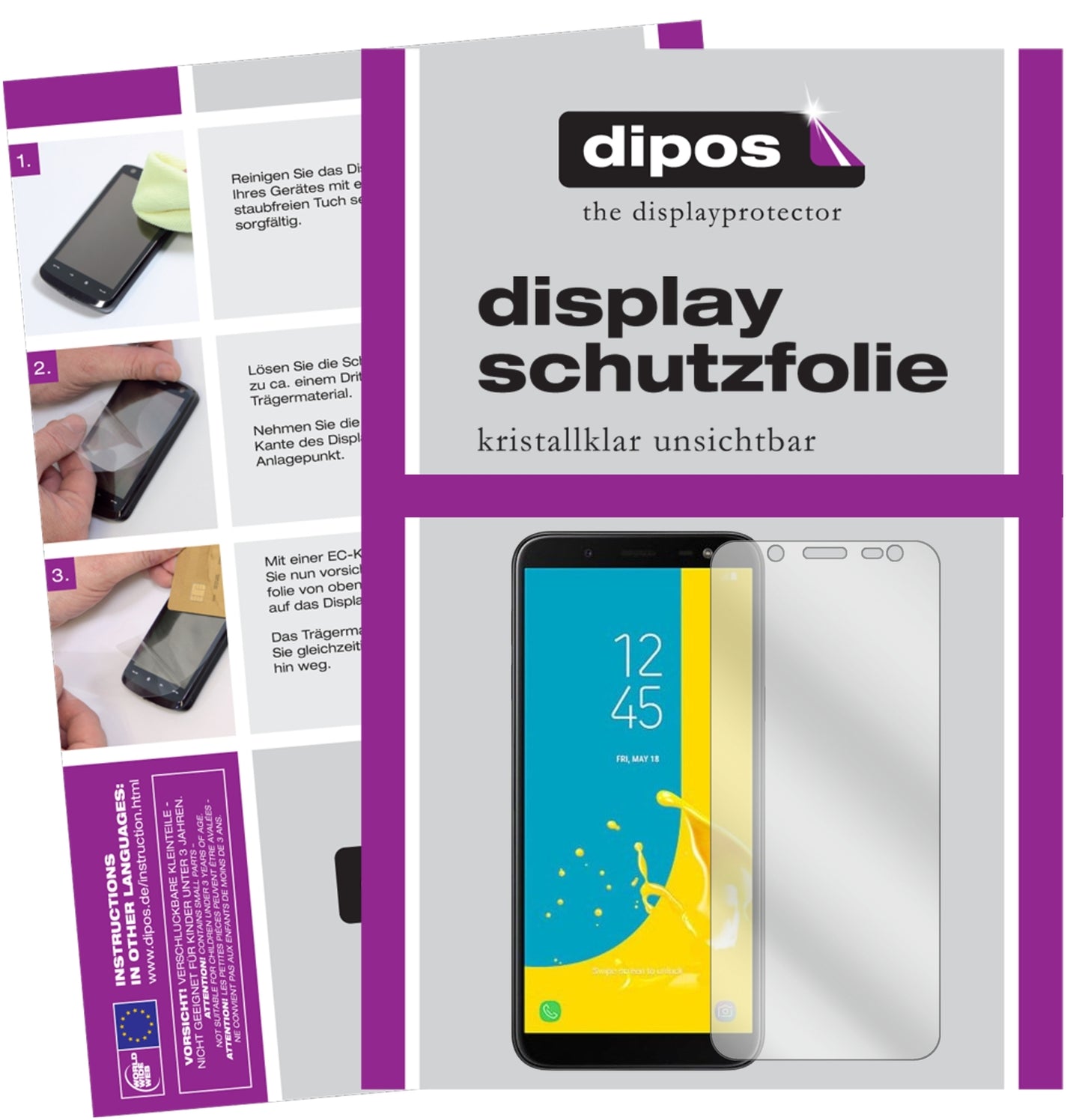 Klare Displayschutzfolie von dipos passend für Samsung Galaxy J6 (2018), präziser Zuschnitt und blasenfrei montiert