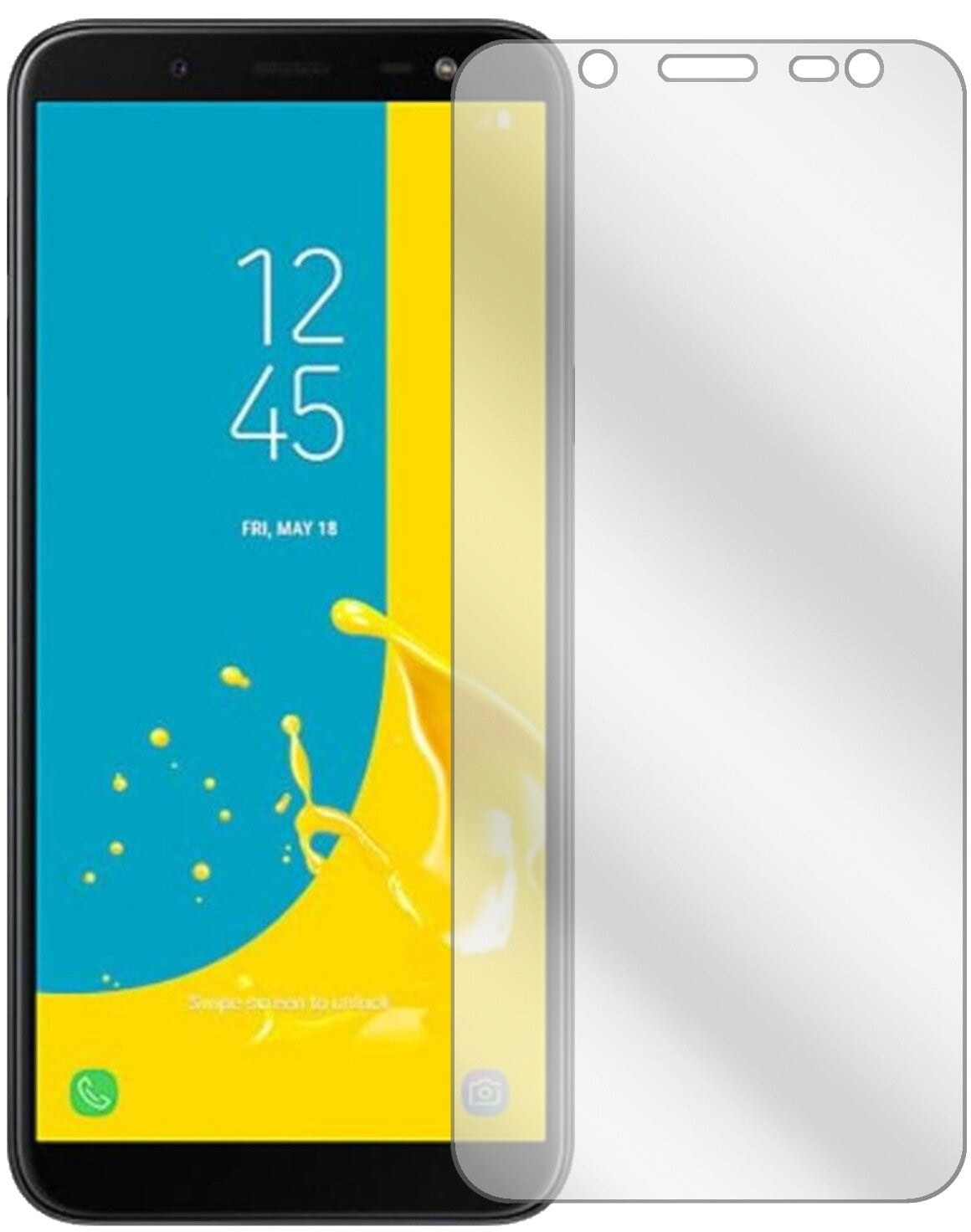 SamsungGalaxy J6 (2018) mit aufgebrachter dipos Displayschutzfolie, glasklare Darstellung ohne Einschränkungen