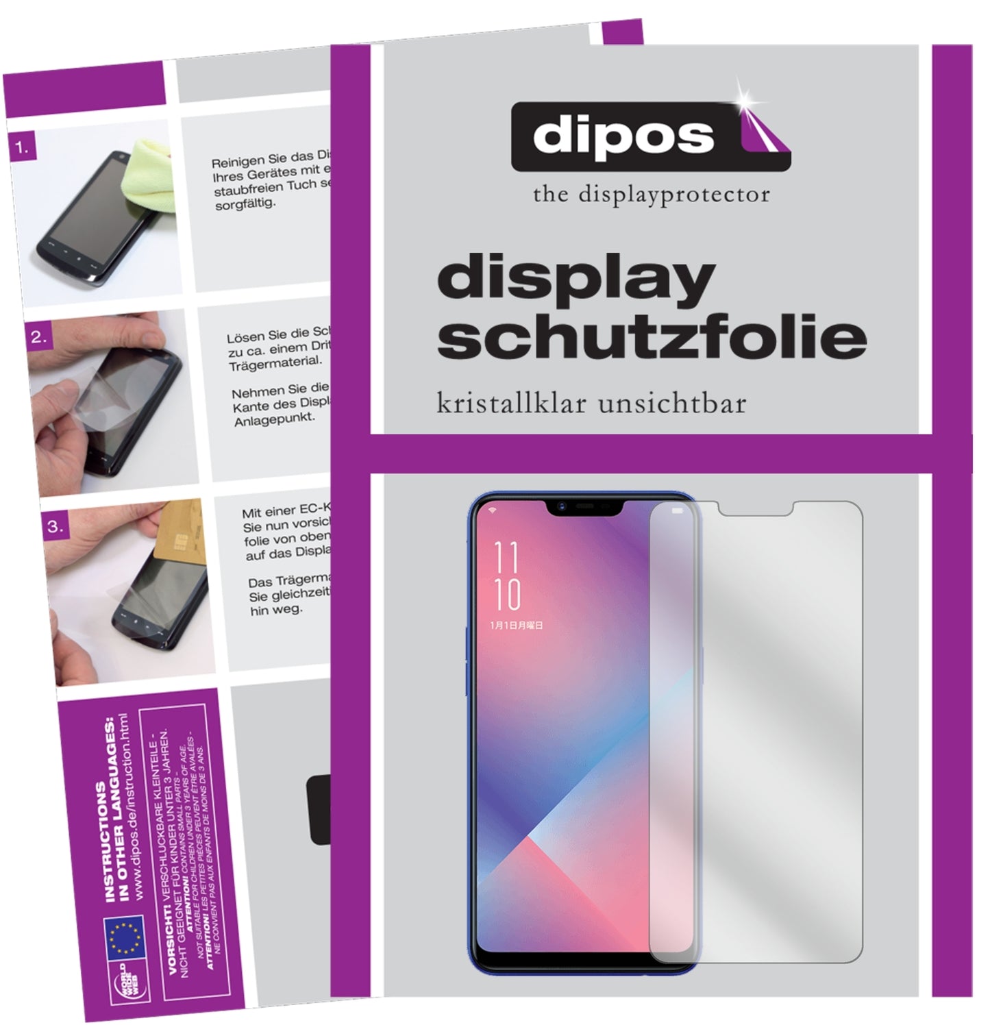 Klare Displayschutzfolie von dipos passend für Oppo R15 Neo, präziser Zuschnitt und blasenfrei montiert