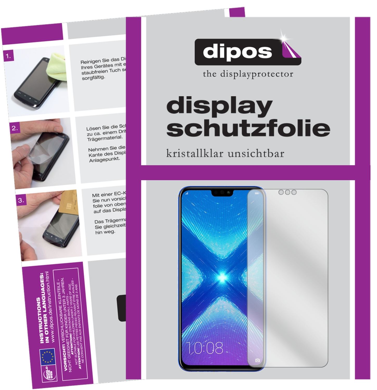 Klare Displayschutzfolie von dipos passend für Honor 8X, präziser Zuschnitt und blasenfrei montiert