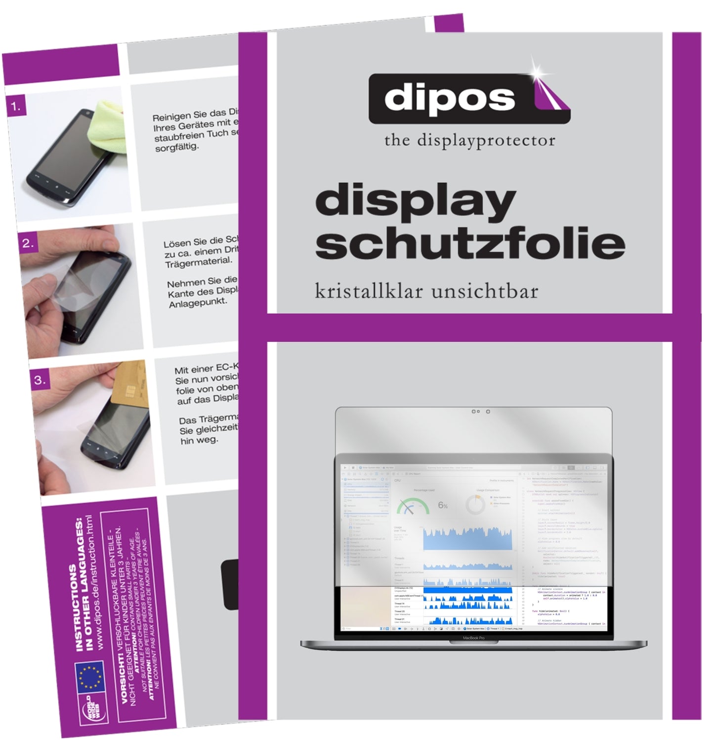 2x Schutzfolie klar für Apple MacBook Pro 15 Zoll 2018 Display-Schutzfolie