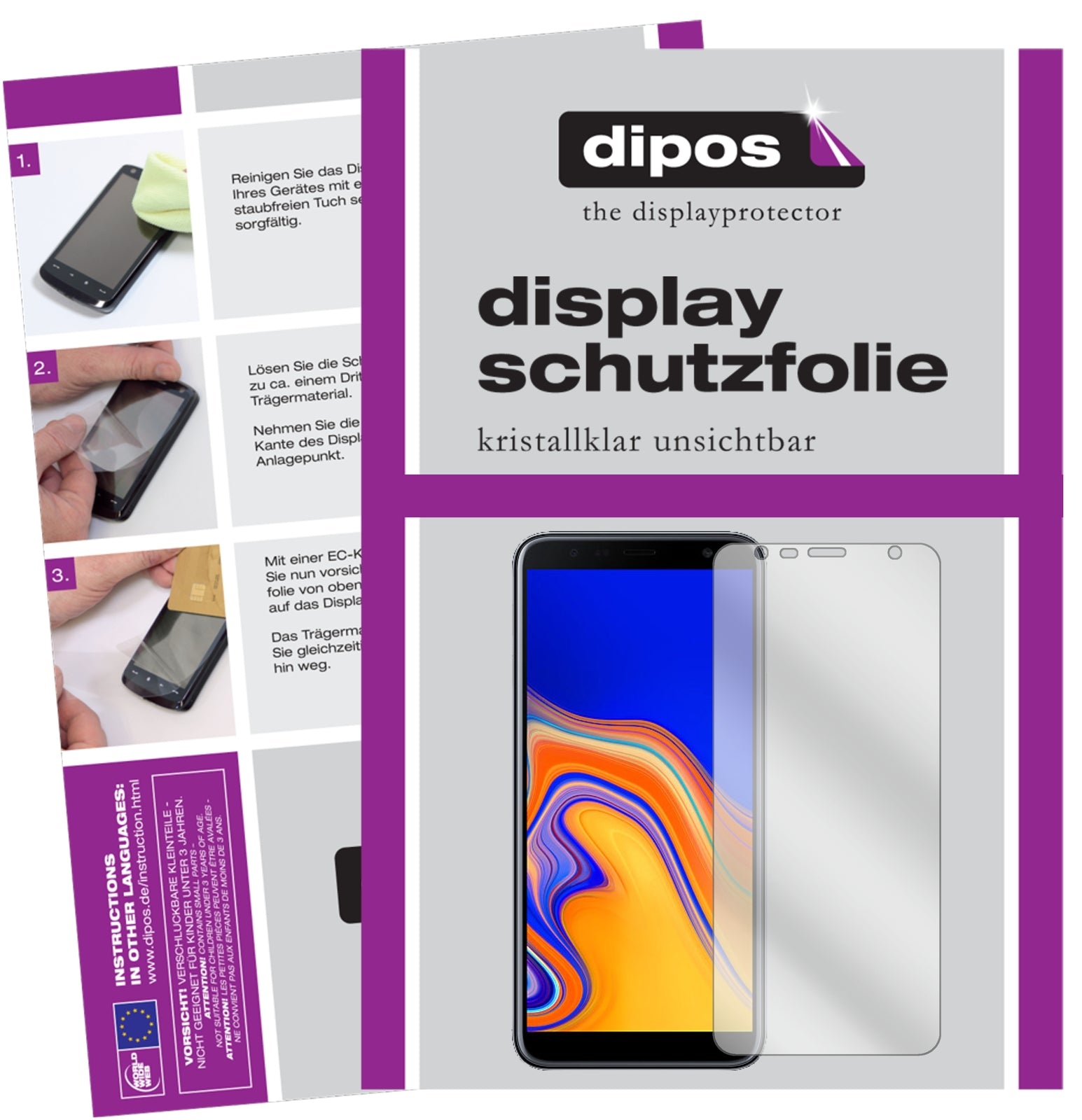 Klare Displayschutzfolie von dipos passend für Samsung Galaxy J4 Plus (2018), präziser Zuschnitt und blasenfrei montiert