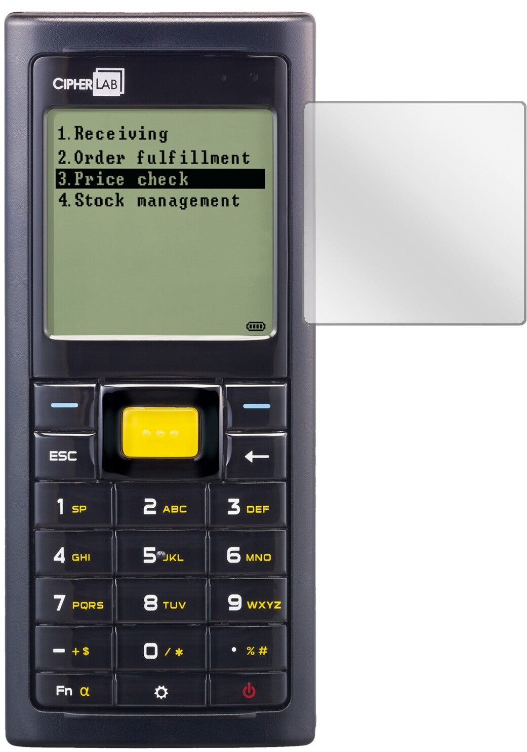Cipherlab8260 mit aufgebrachter dipos Displayschutzfolie, glasklare Darstellung ohne Einschränkungen