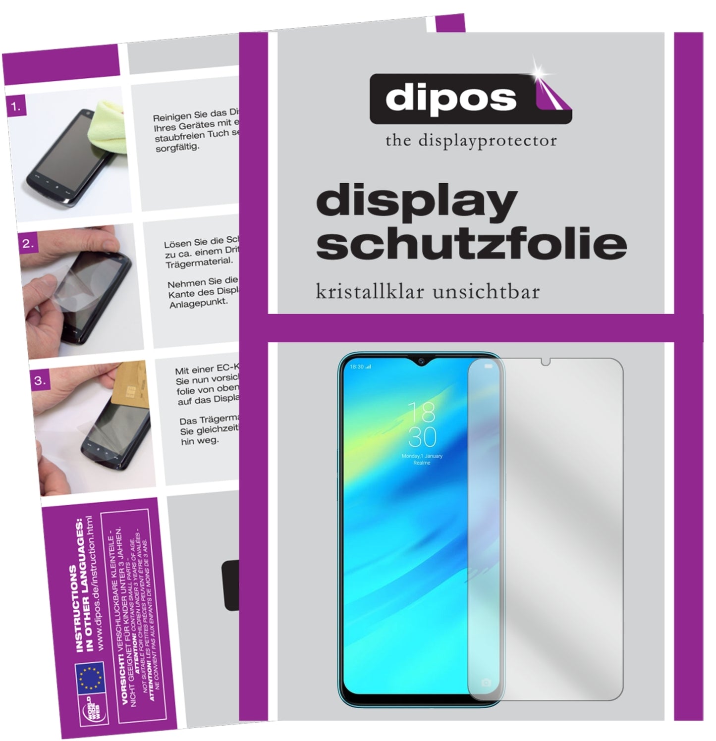 Klare Displayschutzfolie von dipos passend für Oppo Realme 2 Pro, präziser Zuschnitt und blasenfrei montiert