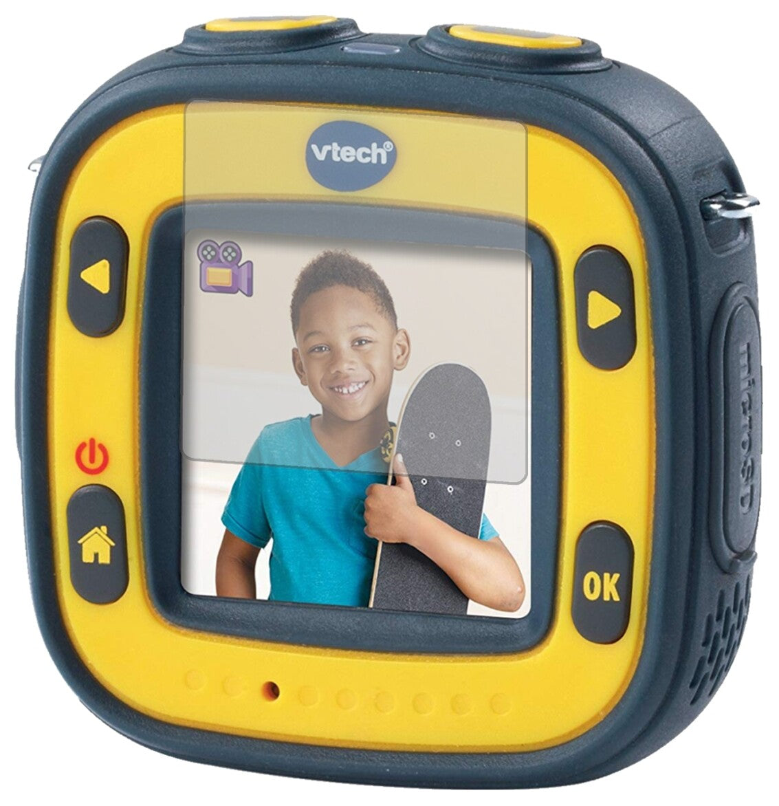 VtechKidizoom Action Cam mit aufgebrachter dipos Displayschutzfolie, die lästige Fingerabdrücke minimiert