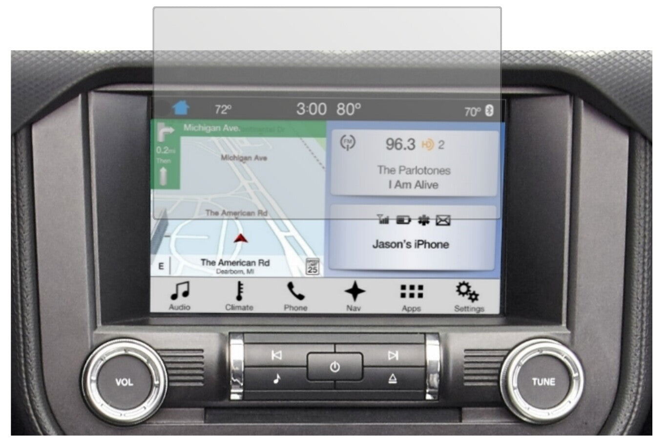 FordMustang Navi (ab BJ 2015) mit aufgebrachter dipos Displayschutzfolie, die lästige Fingerabdrücke minimiert