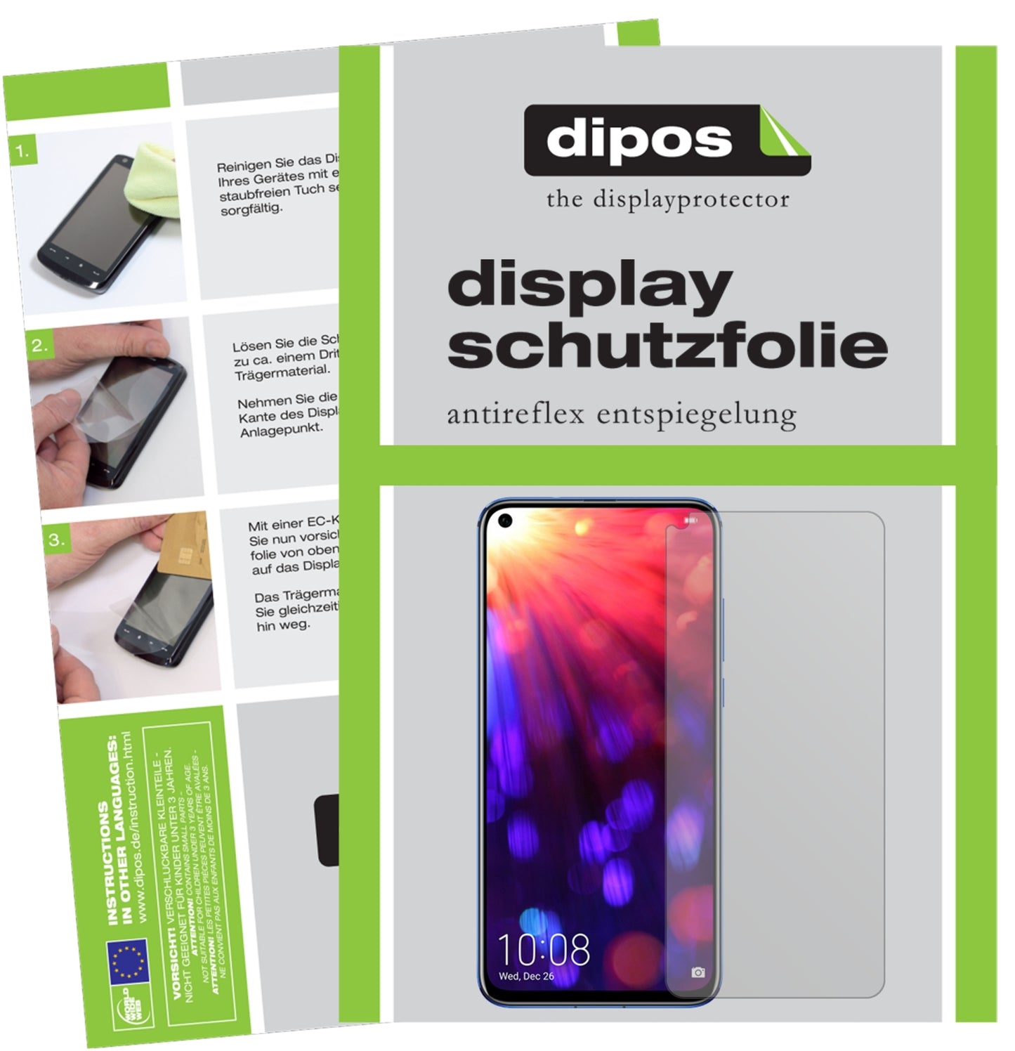 Matte Displayschutzfolie von dipos passend für Honor V20, präziser Zuschnitt und blasenfrei montiert