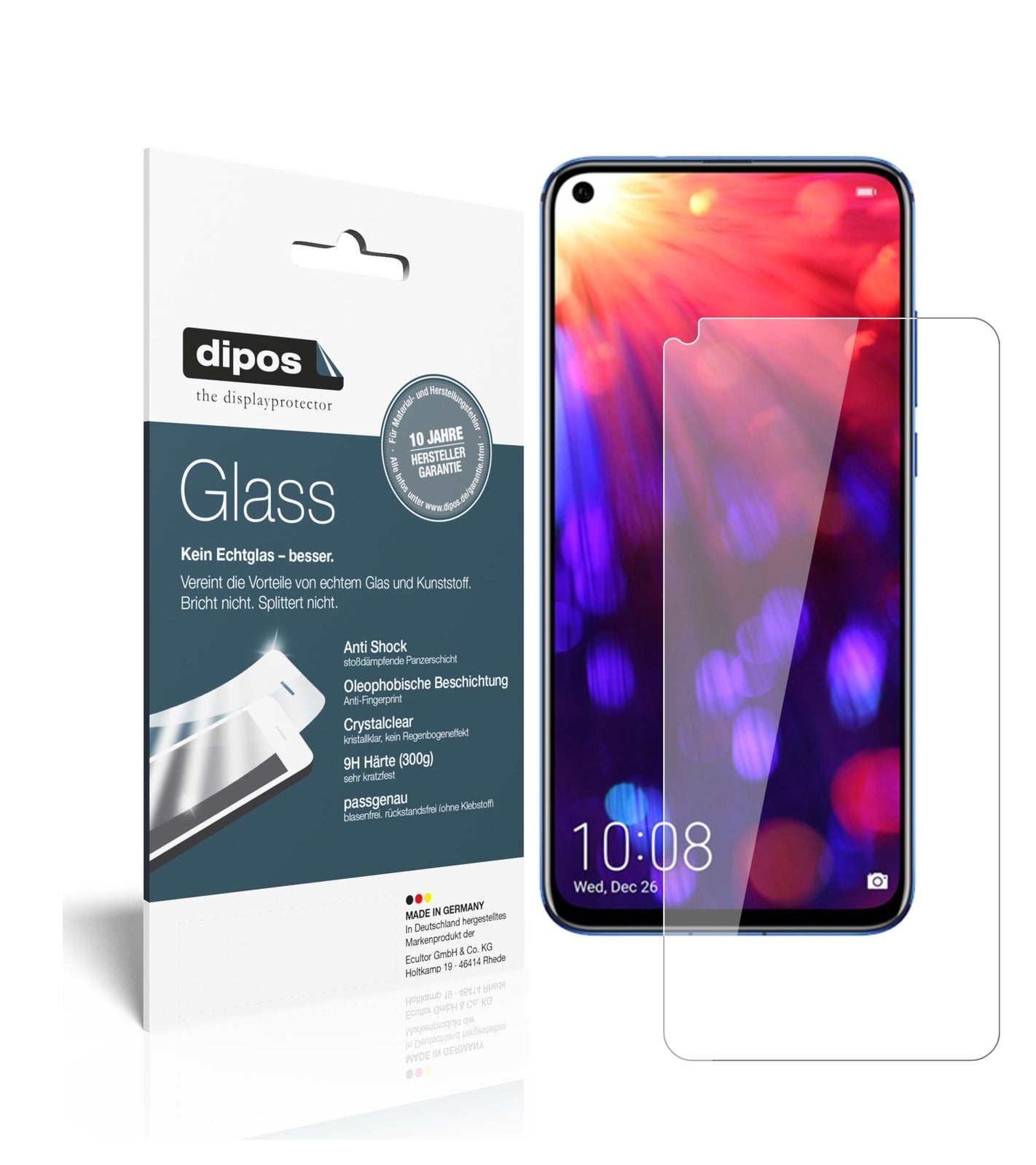 Klare Displayschutzfolie von dipos passend für Honor V20, 9H kratzfest und blasenfrei montiert
