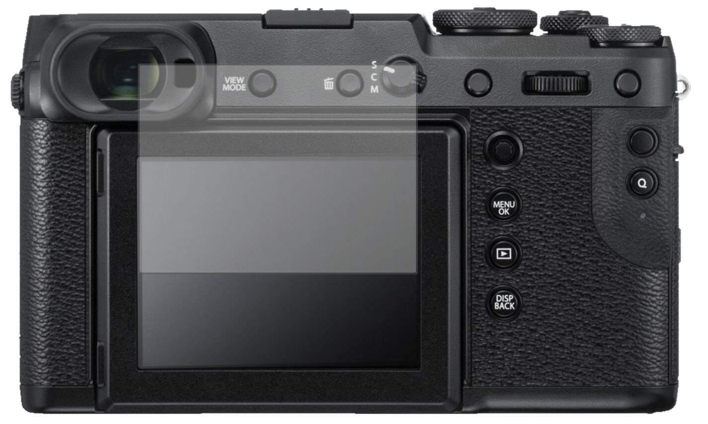 FujifilmGFX 50R mit aufgebrachter dipos Displayschutzfolie, die lästige Fingerabdrücke minimiert