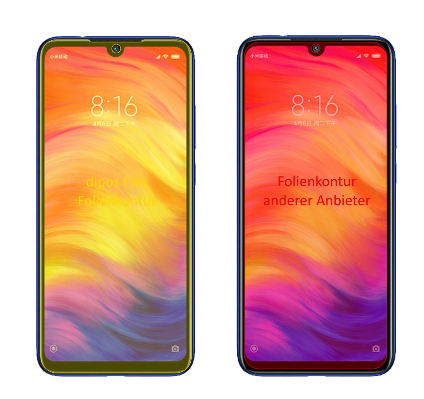 XiaomiRedmi Note 7 mit aufgebrachter dipos Displayschutzfolie, glasklare Darstellung ohne Einschränkungen