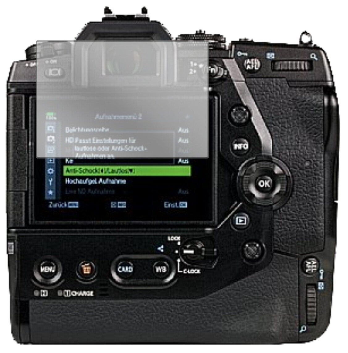 OlympusOM-D E-M1X mit aufgebrachter dipos Displayschutzfolie, glasklare Darstellung ohne Einschränkungen